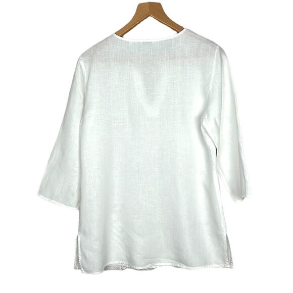 EDWARD Irish Linen White Embroidered Top Blouse Tunic 3/4 Sleeves Tie Neck sz S - Picture 9 of 13